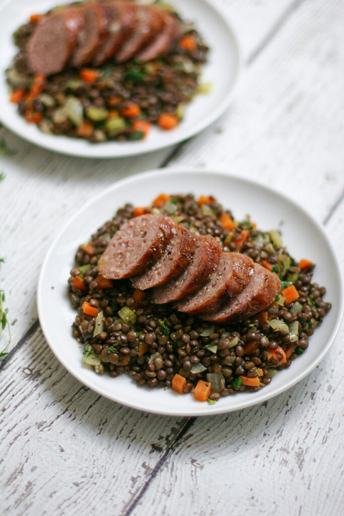 Beer Braised Bratwurst with Lentils