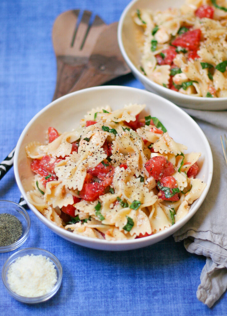 Two Large Bowls of Caprese Pasta Salad