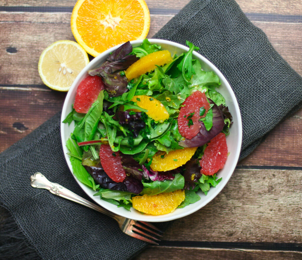 Vegan Winter Citrus Salad in a Large White Bowl