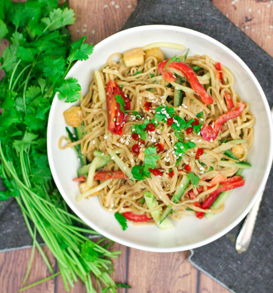 Chilled Peanut Noodle Salad with Crispy Tofu - Overhead Shot