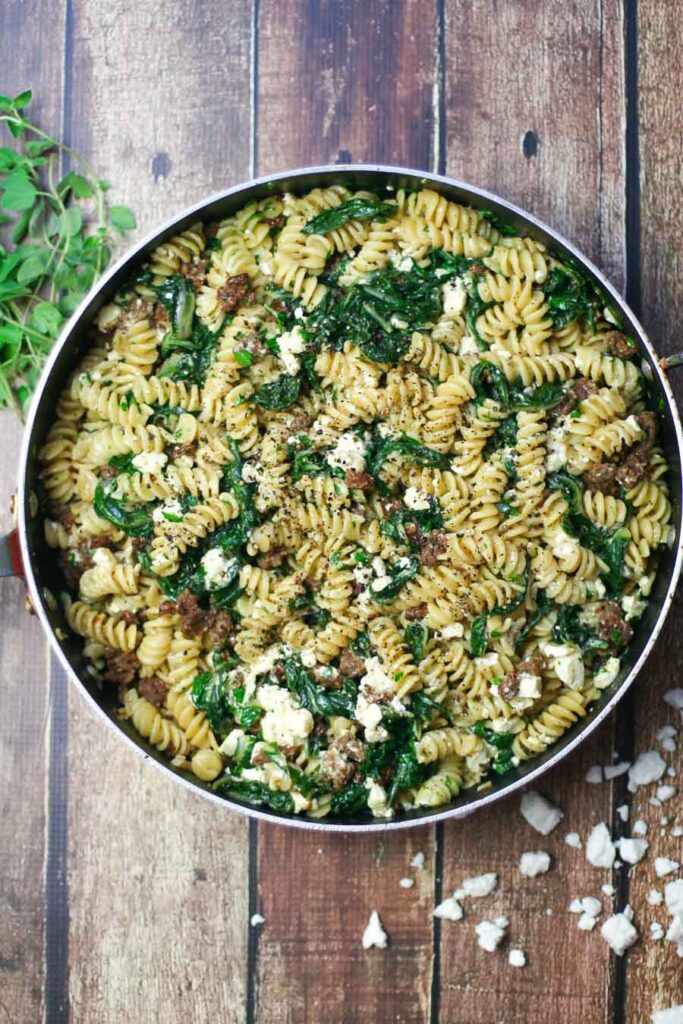 Fusilli with Spicy Sausage and Swiss Chard - Happily From Scratch