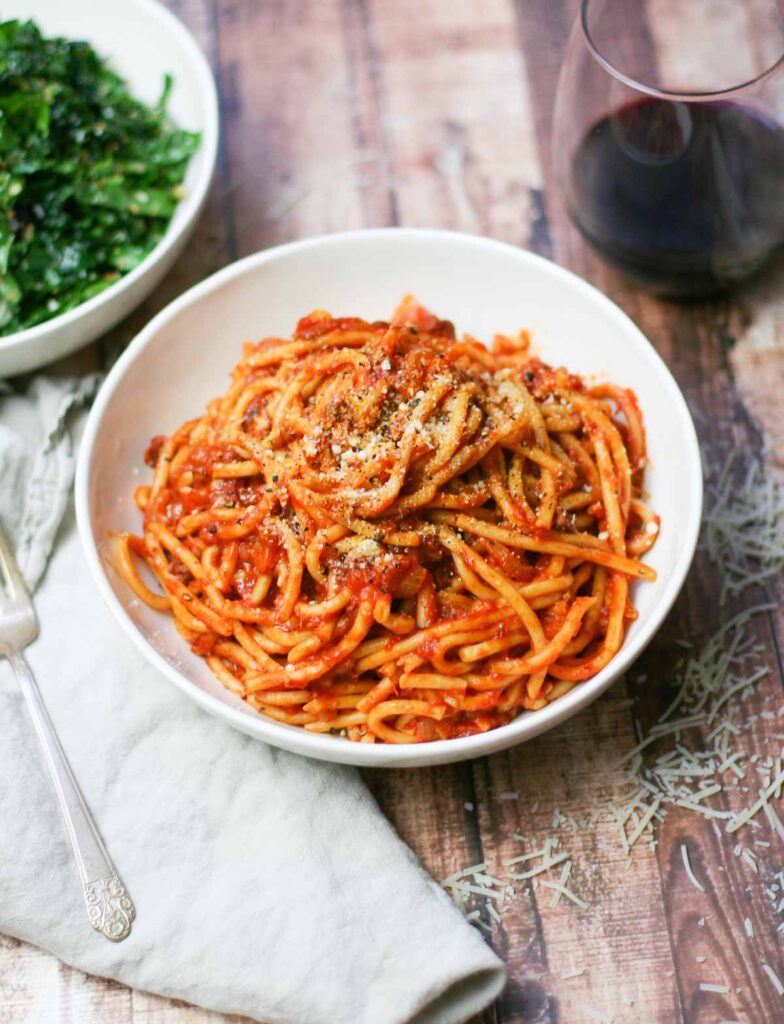 Pasta all'Amatriciana with Pancetta - Happily From Scratch