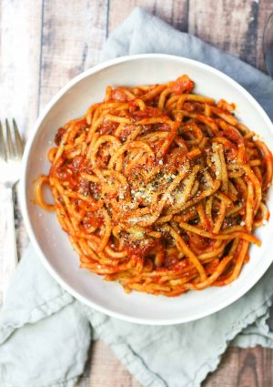 Pasta all'Amatriciana with Pancetta - Happily From Scratch