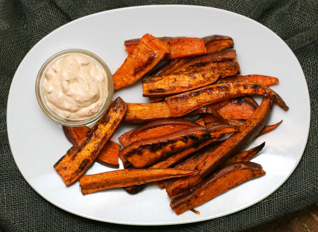 Baked Sweet Potato Wedges with Chipotle Aioli - Happily From Scratch