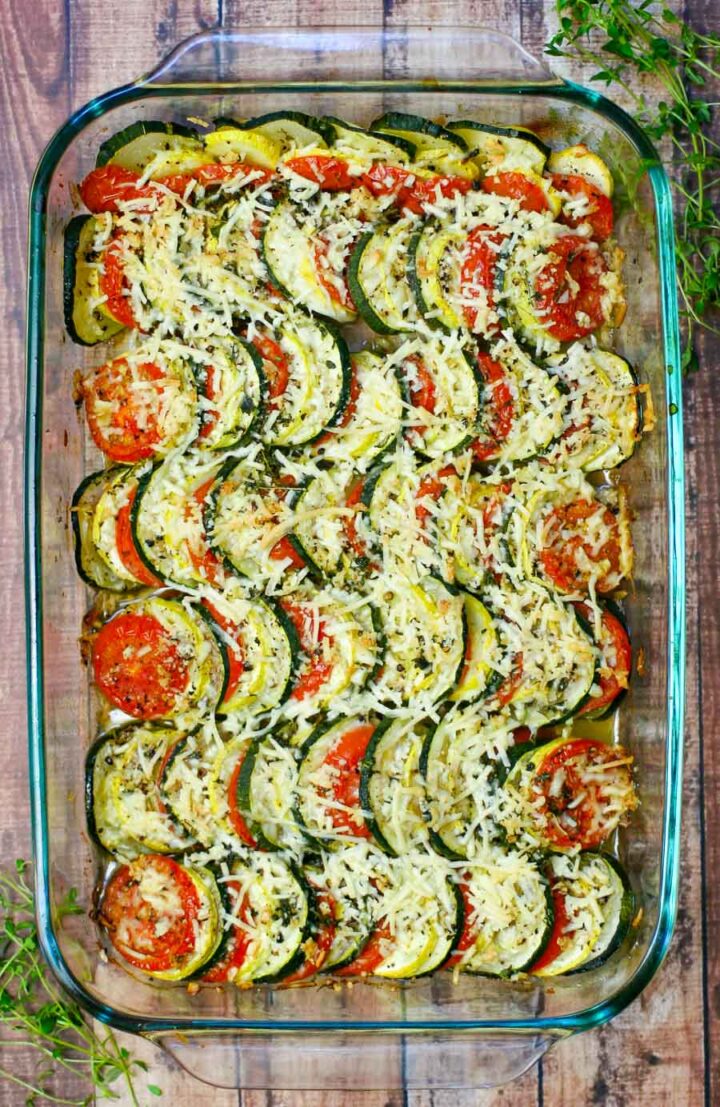 Tomato, Zucchini, and Summer Squash Gratin - Happily From Scratch
